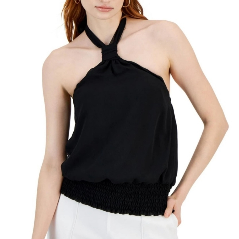 INC International Concepts Black Halter Smocked Top